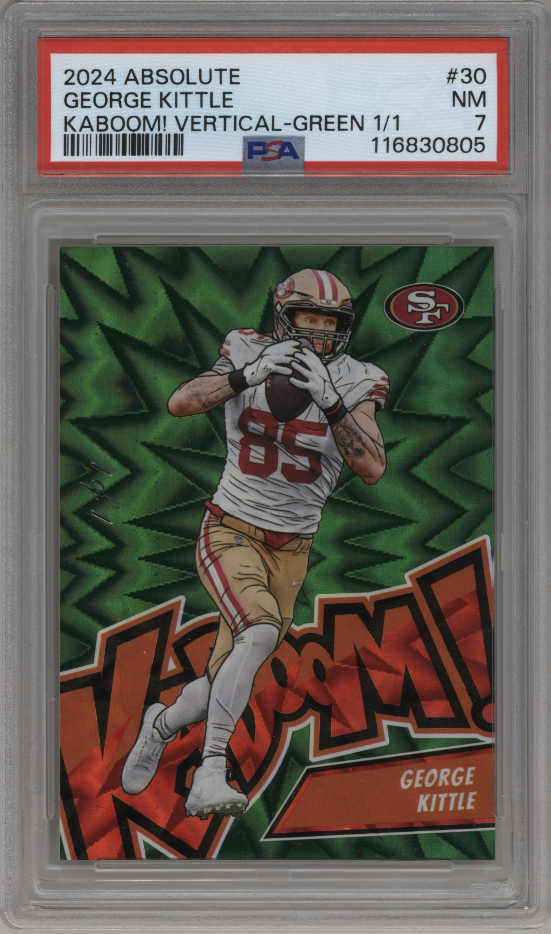 George Kittle from the 2024 Panini Absolute set featuring a Green parallel graded by PSA and given an overall grade of 7.