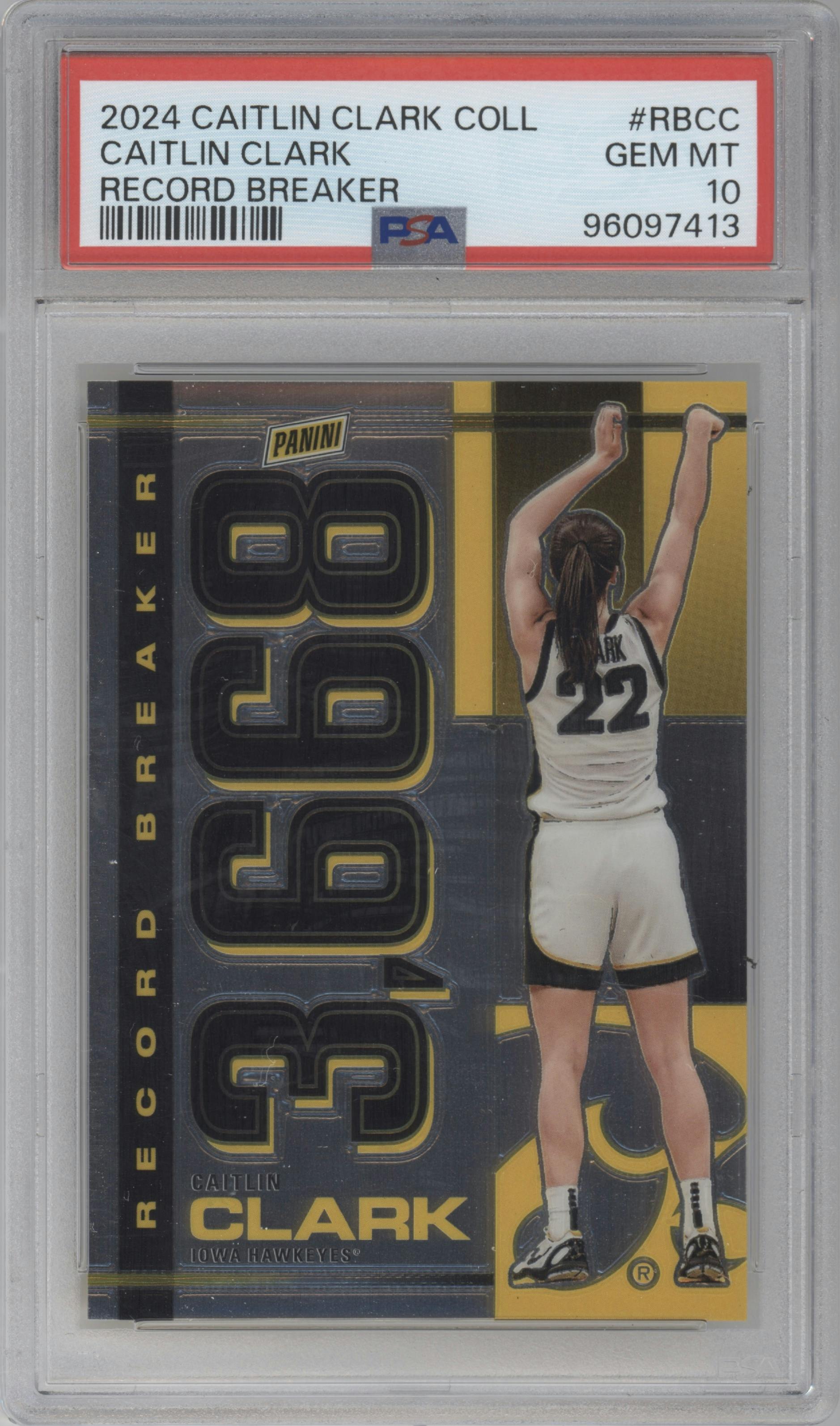 Caitlin Clark from the 2024 Panini Caitlin Clark Collection set graded by PSA and given an overall grade of 10.