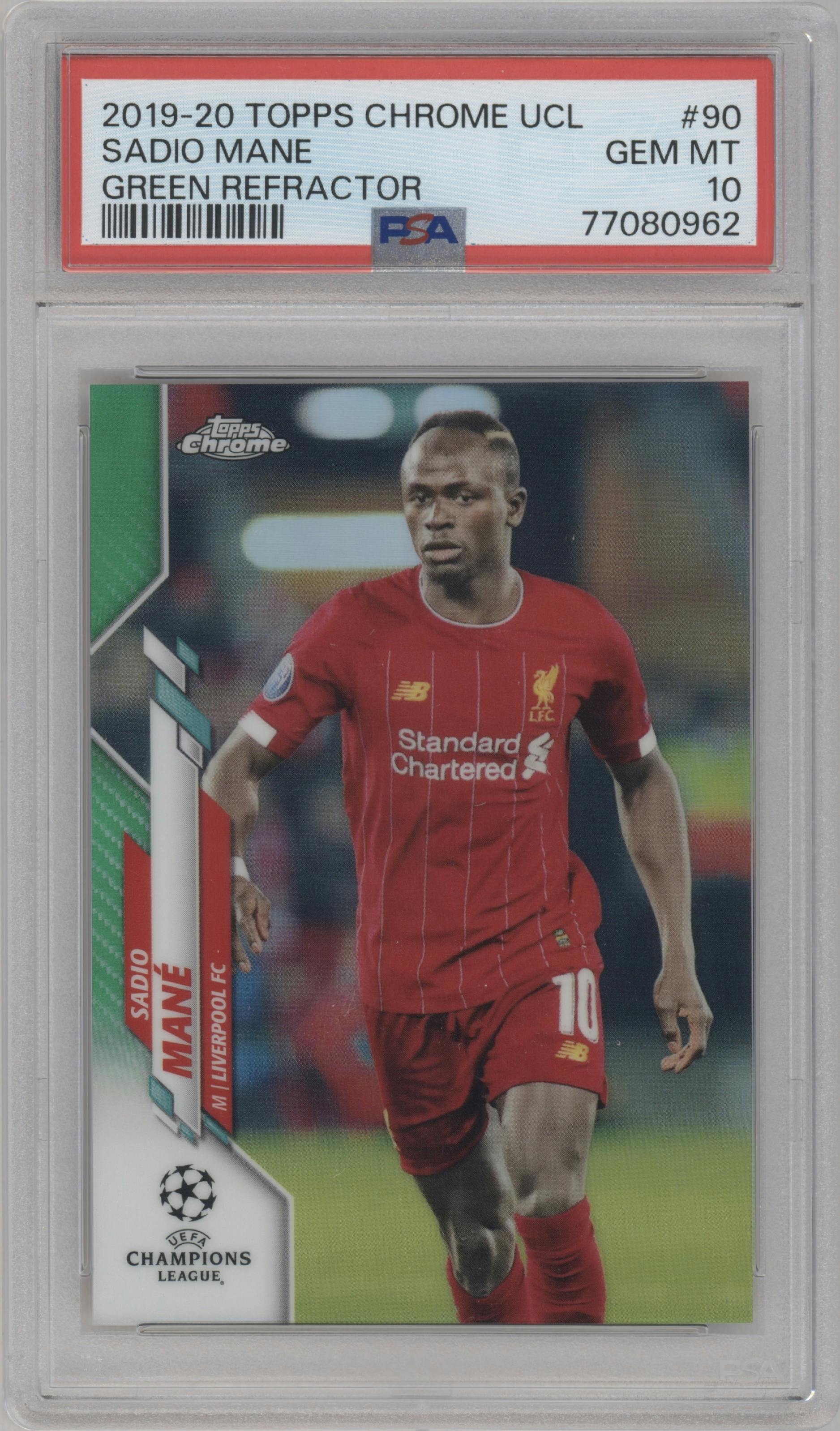 Sadio Mane from the 2019-20 Topps Chrome UEFA Champions League set featuring a Green Refractor parallel graded by PSA and given an overall grade of 10.