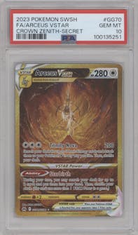 Arceus VSTAR from the 2023 Pokemon SWSH set graded by PSA and given an overall grade of 10.