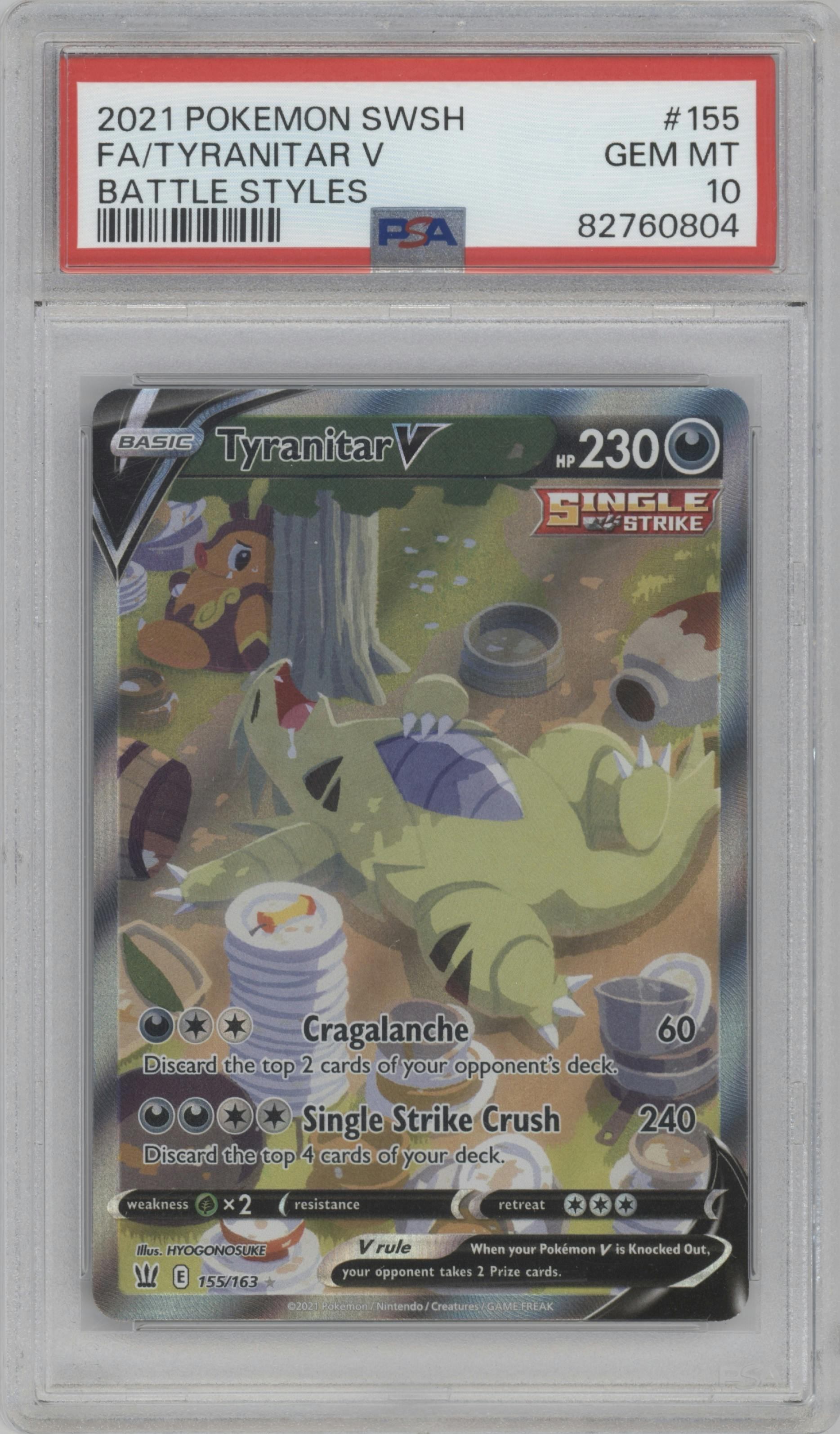 Tyranitar V from the 2021 Pokemon SWSH set graded by PSA and given an overall grade of 10.