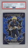 Blake Corum from the 2024 Panini Prizm Draft Picks set featuring a Blue Ice parallel graded by PSA and given an overall grade of 10.