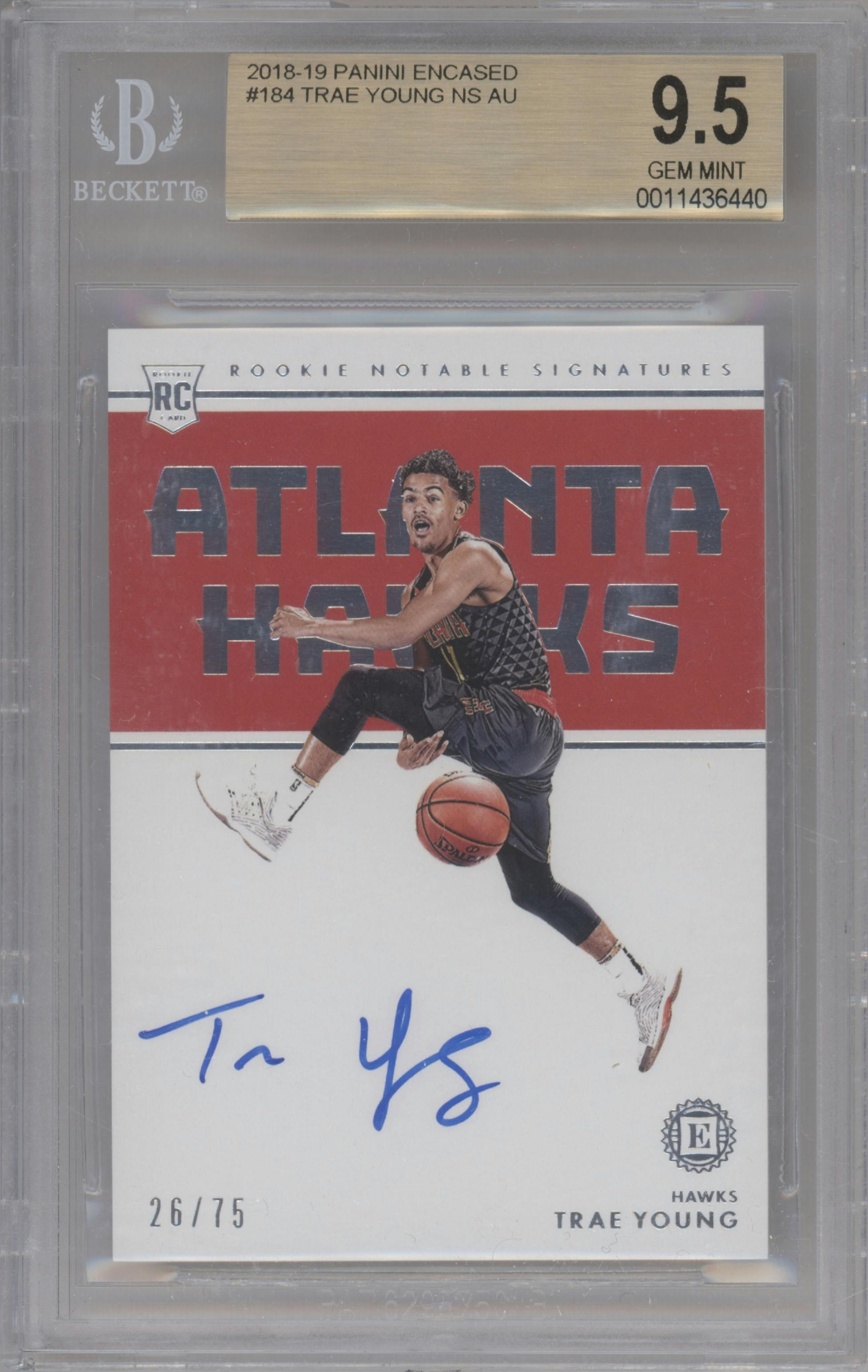 Trae Young from the 2018-19 Panini Encased set graded by Beckett and given an overall grade of 9.5.