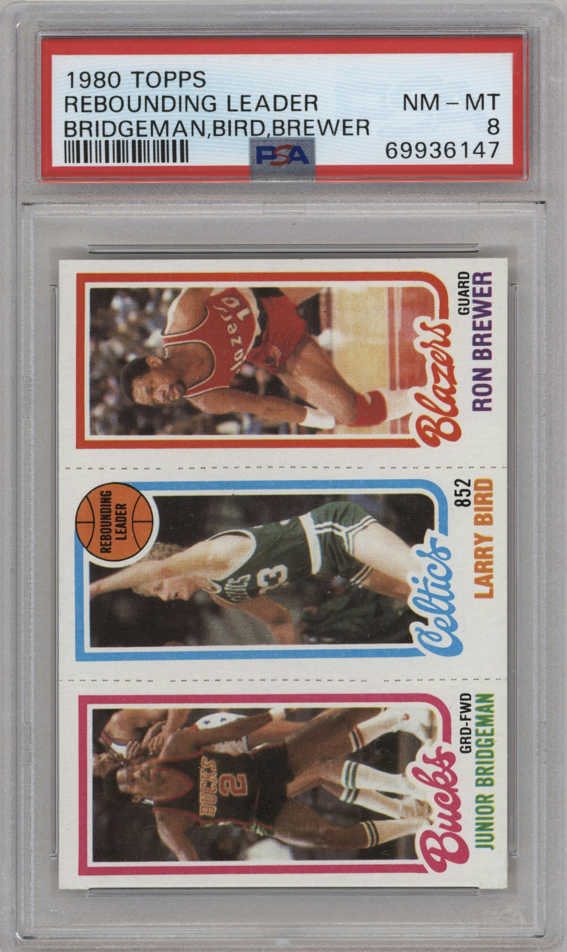 Ron Brewer/Larry Bird/ Junior Bridgeman from the 1980-81 Topps set graded by PSA and given an overall grade of 8.