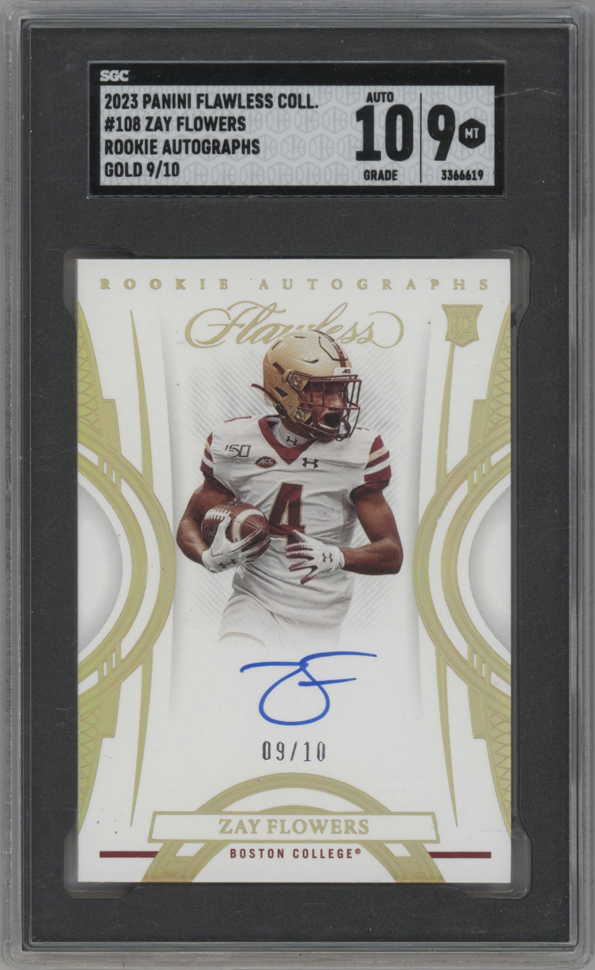 Zay Flowers from the 2023 Panini Flawless Collegiate set featuring a Gold  parallel graded by SGC and given an overall grade of 9.