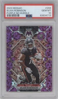 Bijan Robinson from the 2023 Panini Mosaic set featuring a No Huddle Purple parallel graded by PSA and given an overall grade of 10.