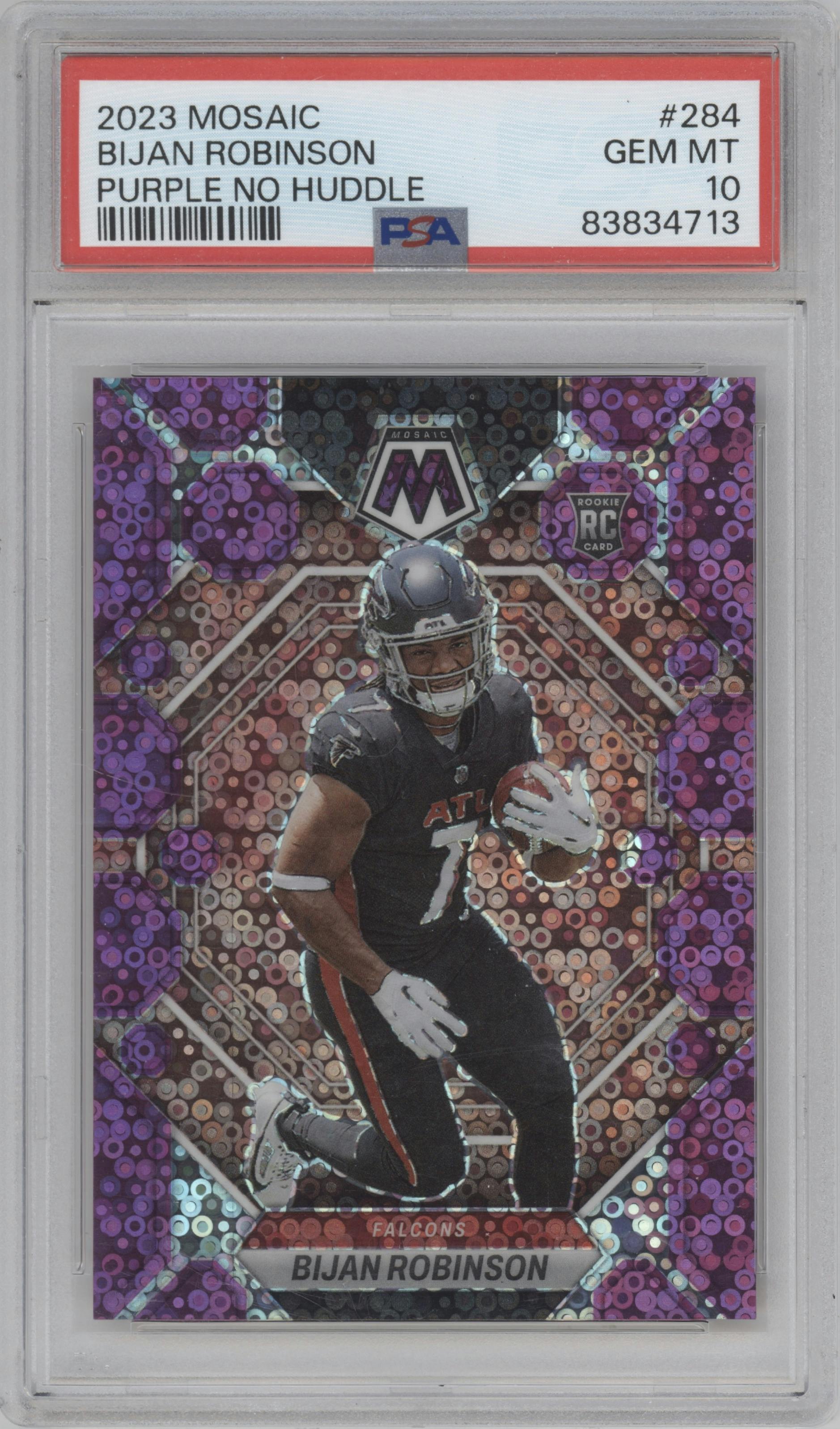 Bijan Robinson from the 2023 Panini Mosaic set featuring a No Huddle Purple parallel graded by PSA and given an overall grade of 10.
