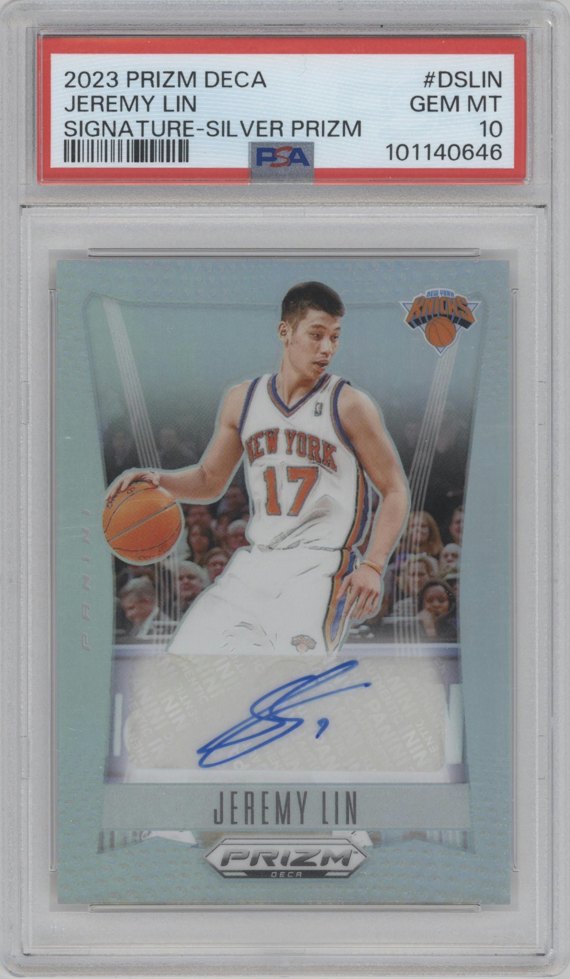 Jeremy Lin from the 2023-24 Panini Prizm Deca set featuring a Silver parallel graded by PSA and given an overall grade of 10.