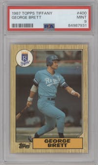 George Brett from the 1987 Topps set featuring a Tiffany parallel graded by PSA and given an overall grade of 9.