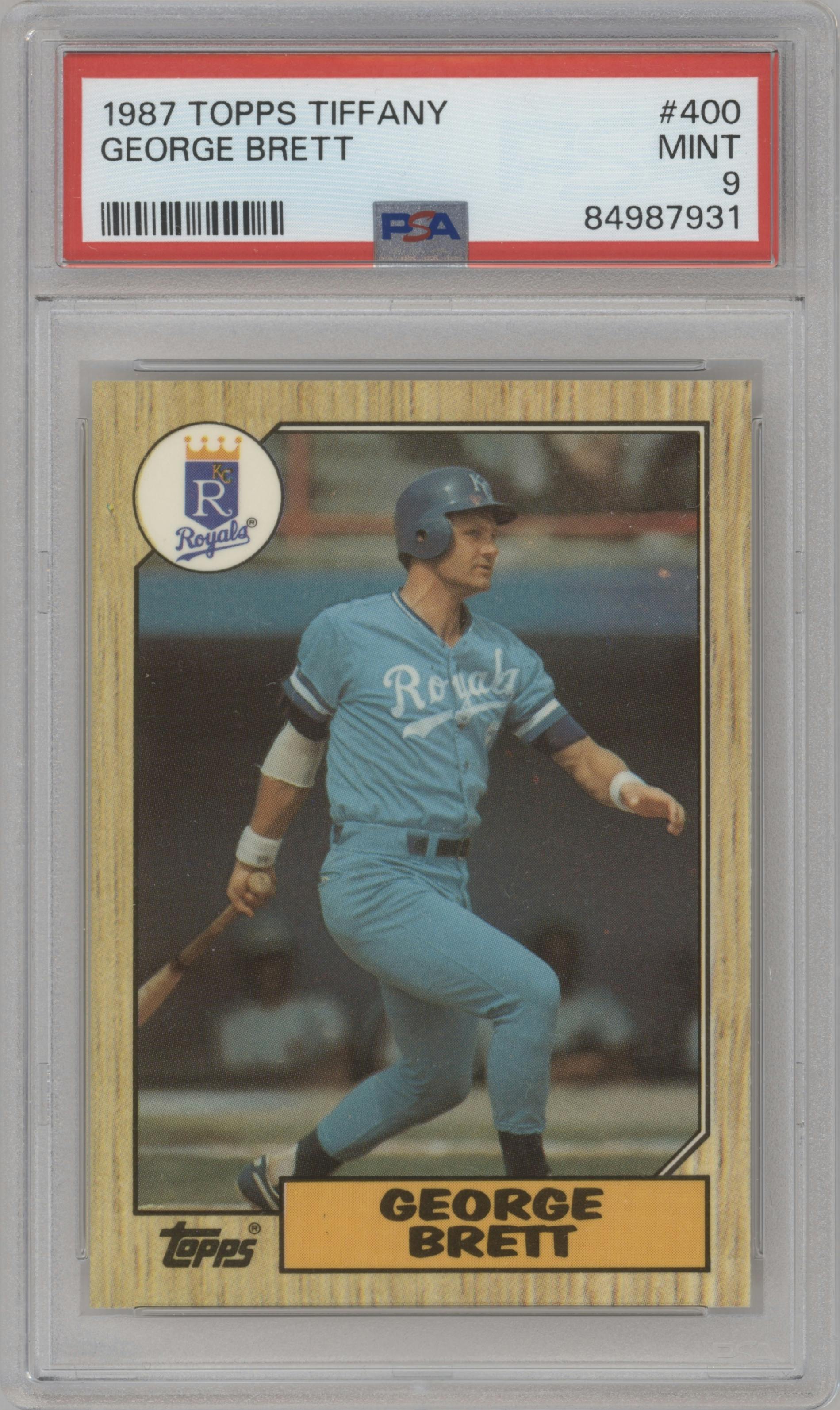 George Brett from the 1987 Topps set featuring a Tiffany parallel graded by PSA and given an overall grade of 9.