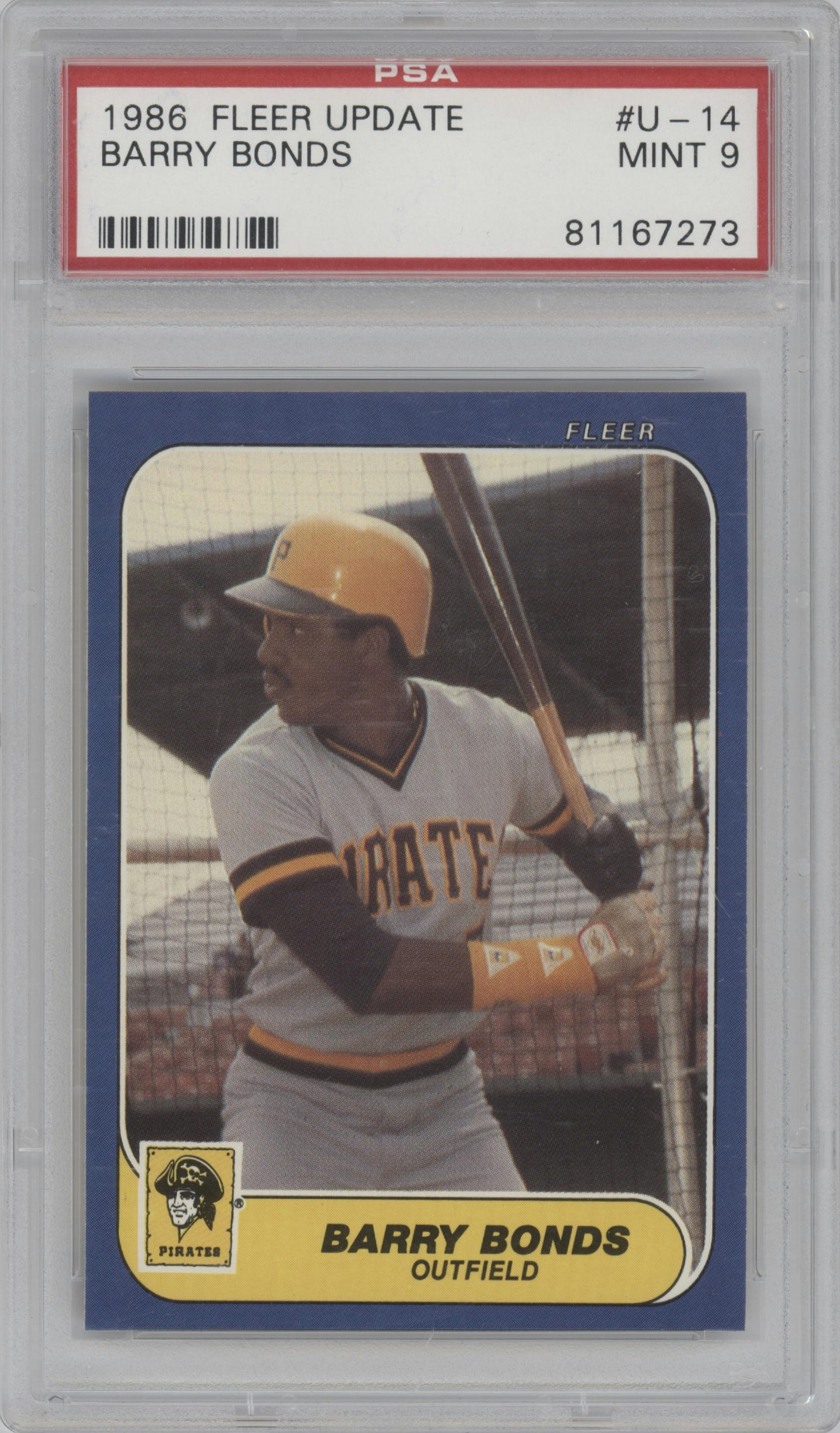 Barry Bonds from the 1986 Fleer Update set graded by PSA and given an overall grade of 9.