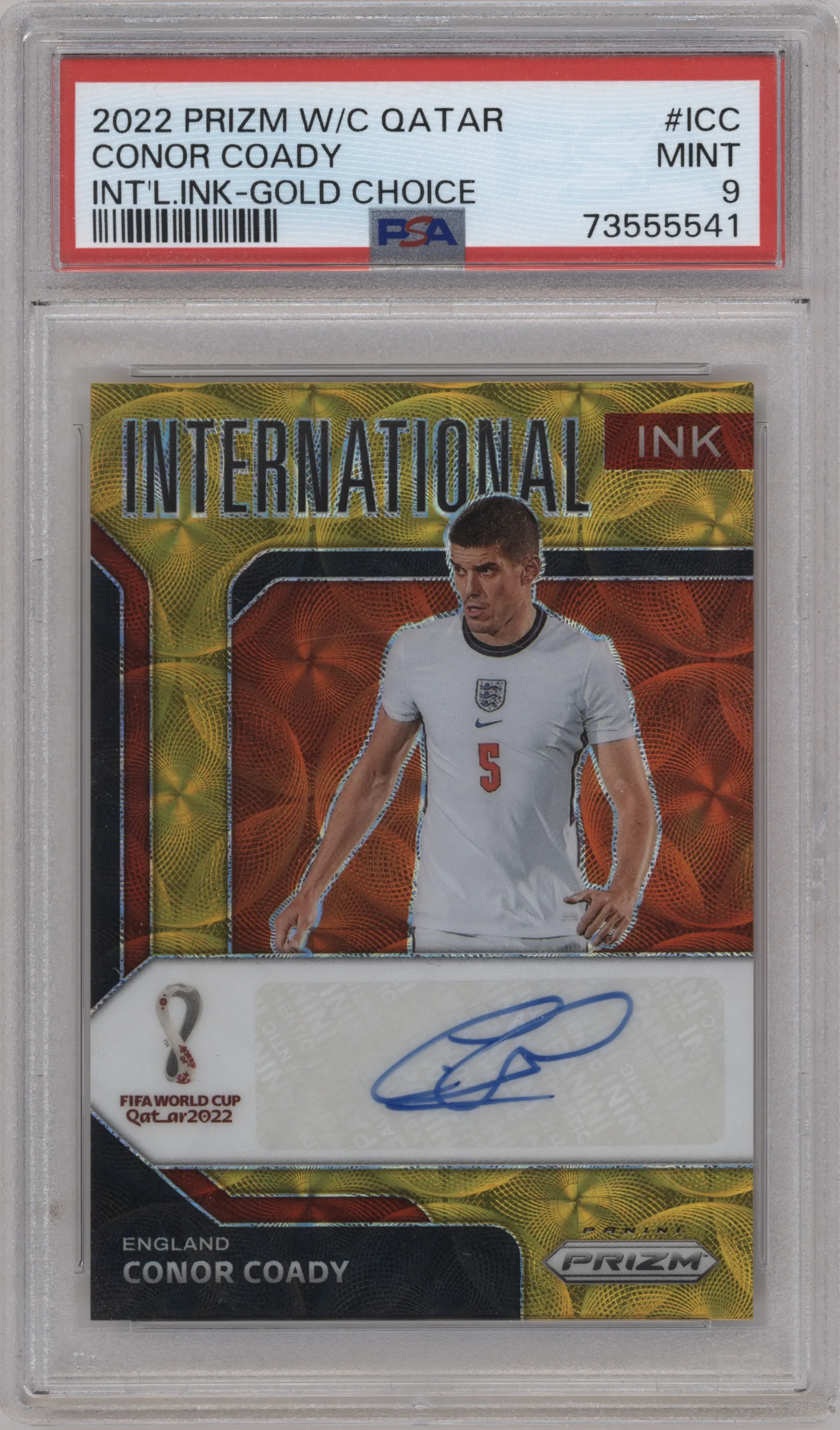 2022 Panini Prizm FIFA WC Qatar Int'l. Ink Conor Coady Choice Gold PSA 9