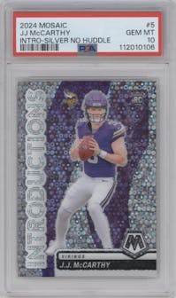J.J. McCarthy from the 2024 Panini Mosaic set featuring a No Huddle Silver parallel graded by PSA and given an overall grade of 10.