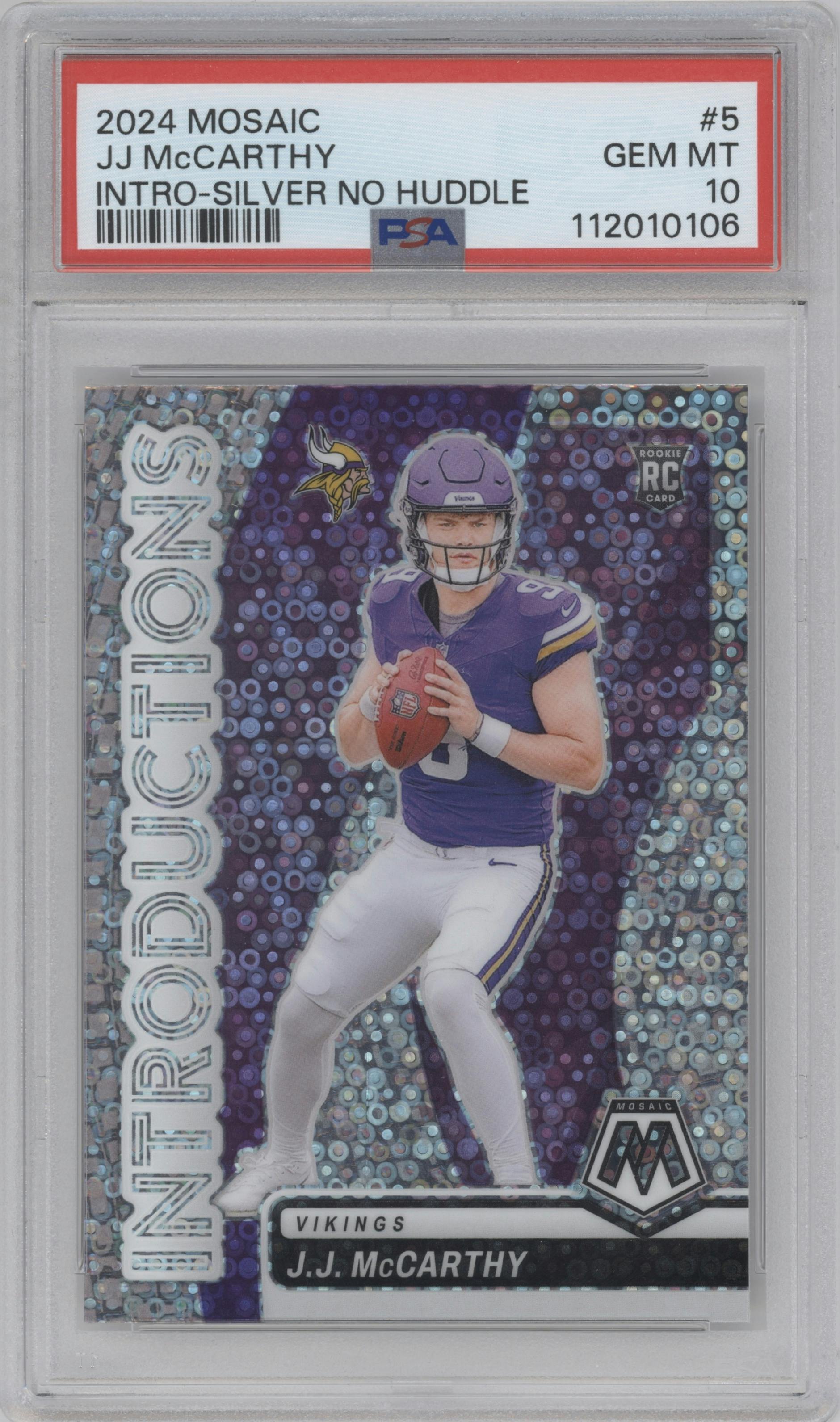 J.J. McCarthy from the 2024 Panini Mosaic set featuring a No Huddle Silver parallel graded by PSA and given an overall grade of 10.