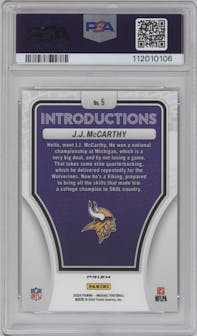 J.J. McCarthy from the 2024 Panini Mosaic set featuring a No Huddle Silver parallel graded by PSA and given an overall grade of 10.
