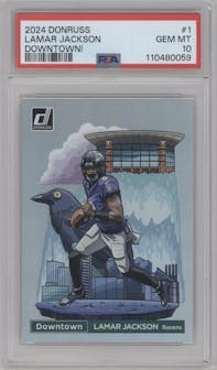 Lamar Jackson from the 2024 Donruss set graded by PSA and given an overall grade of 10.