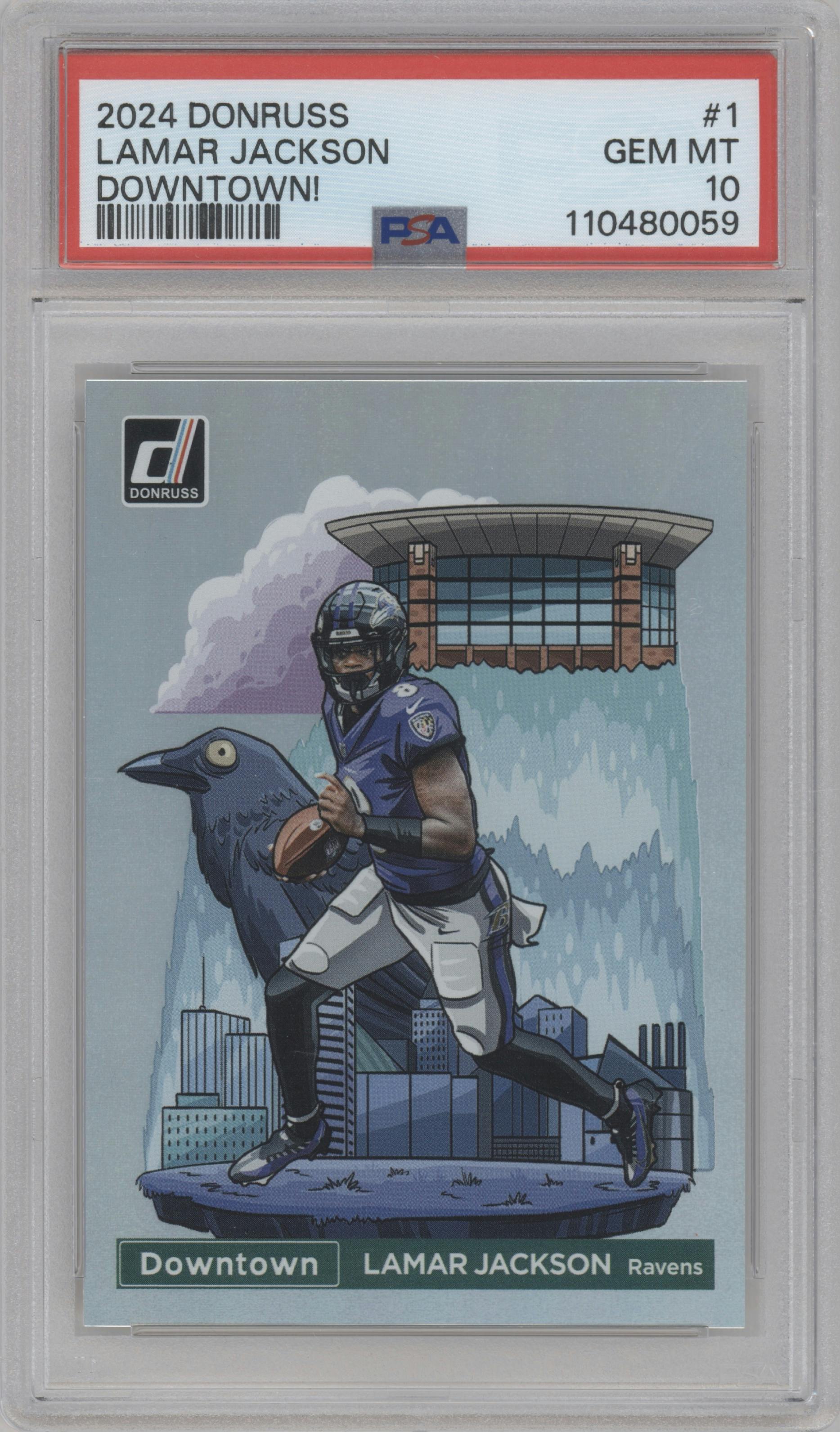 Lamar Jackson from the 2024 Donruss set graded by PSA and given an overall grade of 10.