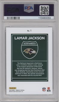 Lamar Jackson from the 2024 Donruss set graded by PSA and given an overall grade of 10.