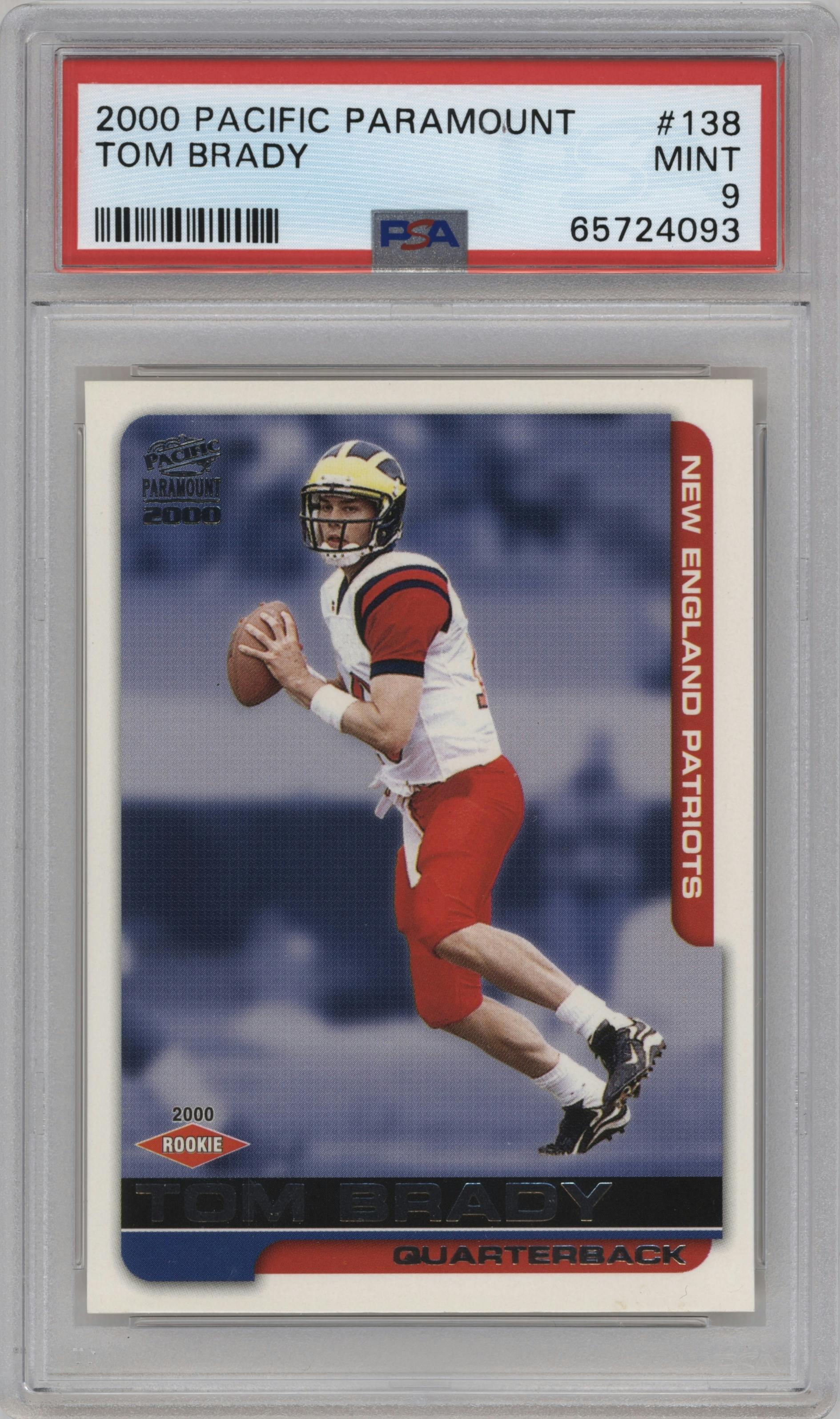 Tom Brady from the 2000 Pacific Paramount set graded by PSA and given an overall grade of 9.