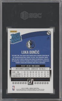 Luka Doncic from the 2018-19 Panini Donruss  set featuring a Green Flood parallel graded by SGC and given an overall grade of 9.5.