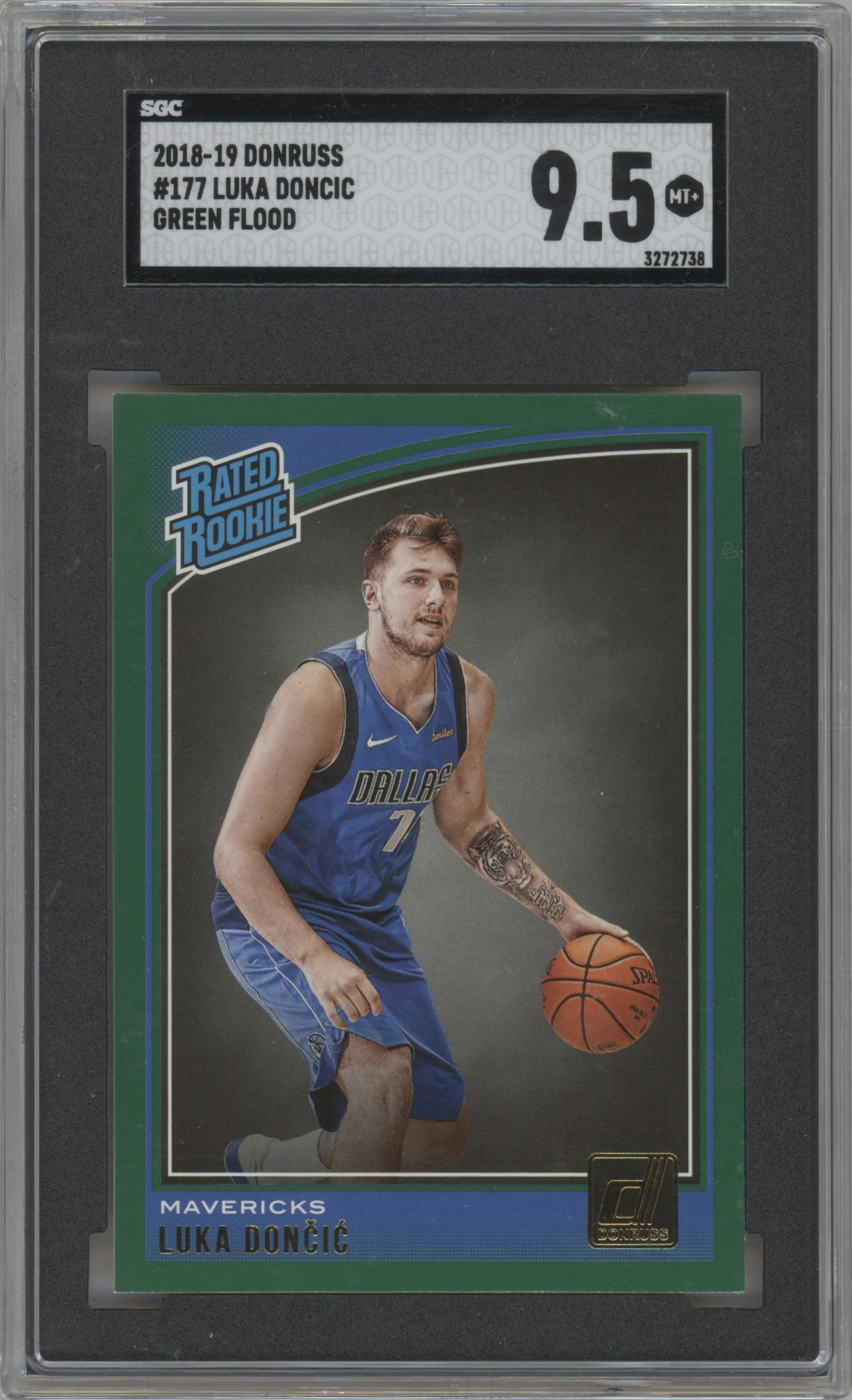 Luka Doncic from the 2018-19 Panini Donruss  set featuring a Green Flood parallel graded by SGC and given an overall grade of 9.5.