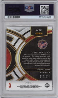 Caitlin Clark from the 2024 Panini Select WNBA set featuring a Red & Blue Prizm parallel graded by PSA and given an overall grade of 10.