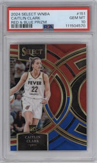 Caitlin Clark from the 2024 Panini Select WNBA set featuring a Red & Blue Prizm parallel graded by PSA and given an overall grade of 10.