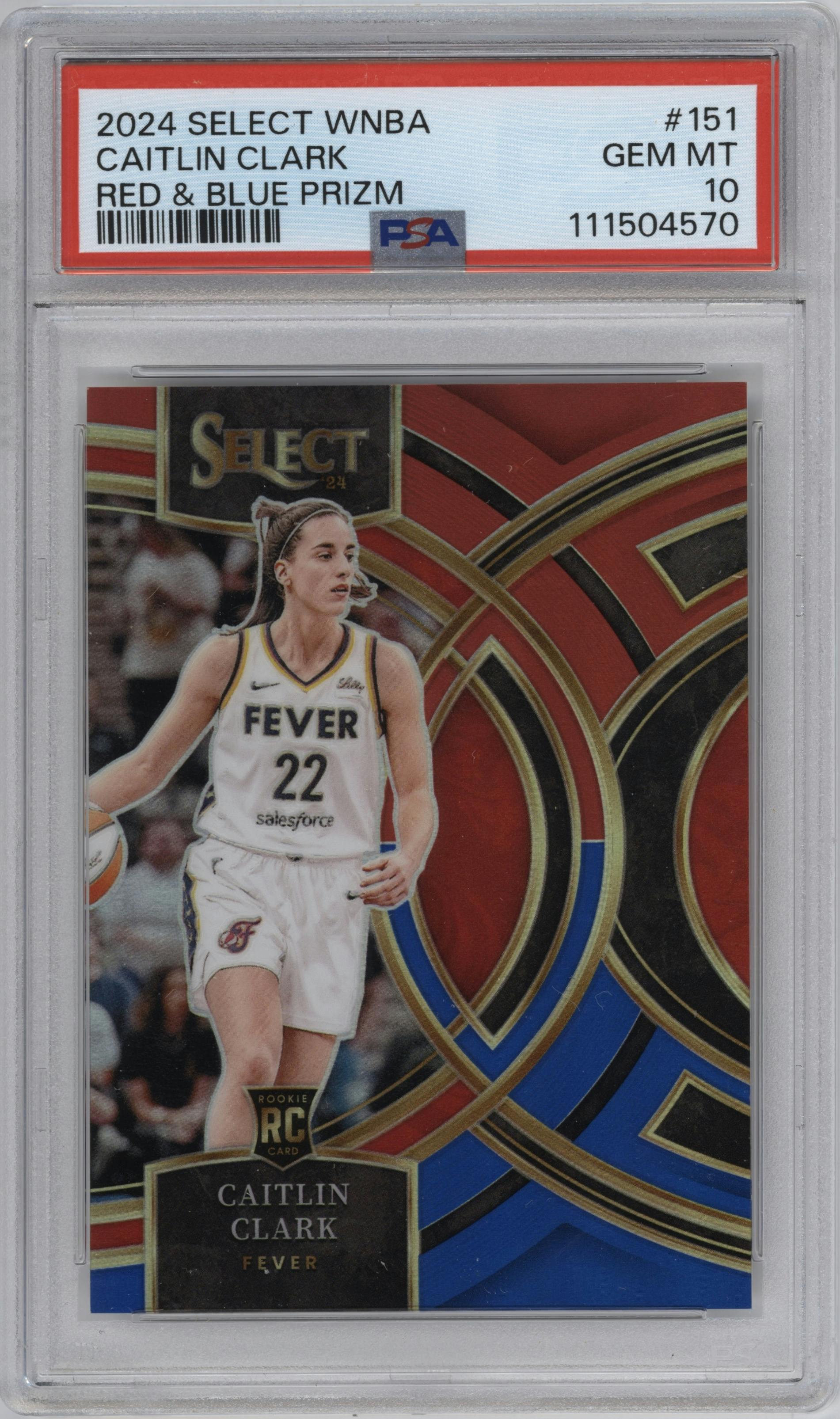 Caitlin Clark from the 2024 Panini Select WNBA set featuring a Red & Blue Prizm parallel graded by PSA and given an overall grade of 10.