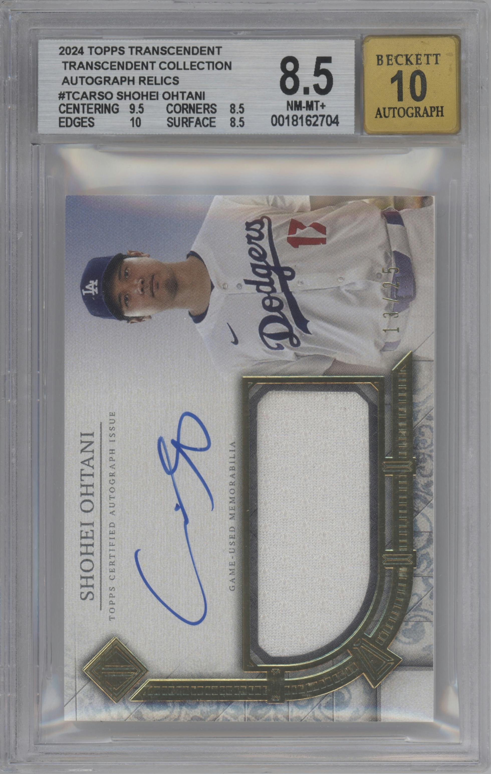 Shohei Ohtani from the 2024 Topps Transcendent Collection set graded by Beckett and given an overall grade of 8.5.