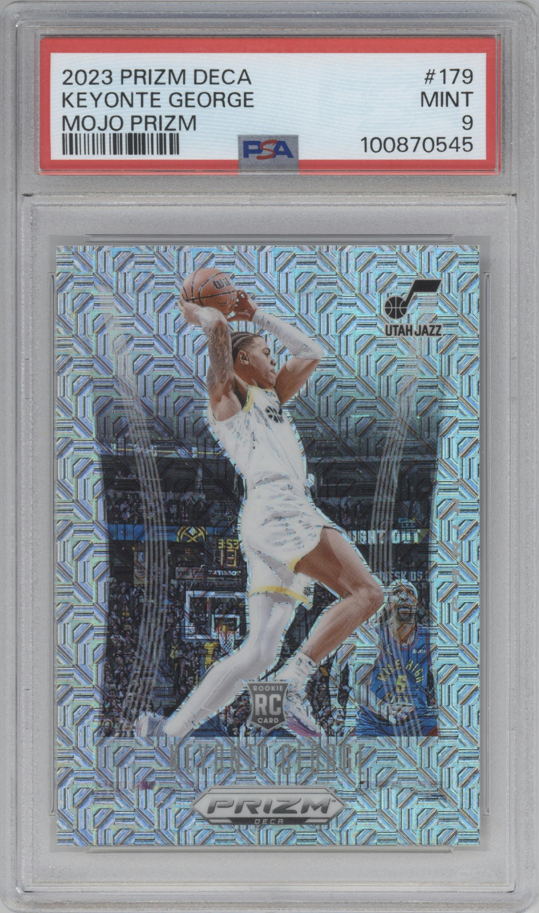 Keyonte George from the 2023-24 Panini Prizm Deca set featuring a Mojo parallel graded by PSA and given an overall grade of 9.