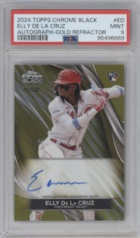 Elly De La Cruz from the  2024 Topps Chrome Black set featuring a Gold Refractor parallel graded by PSA and given an overall grade of 9.