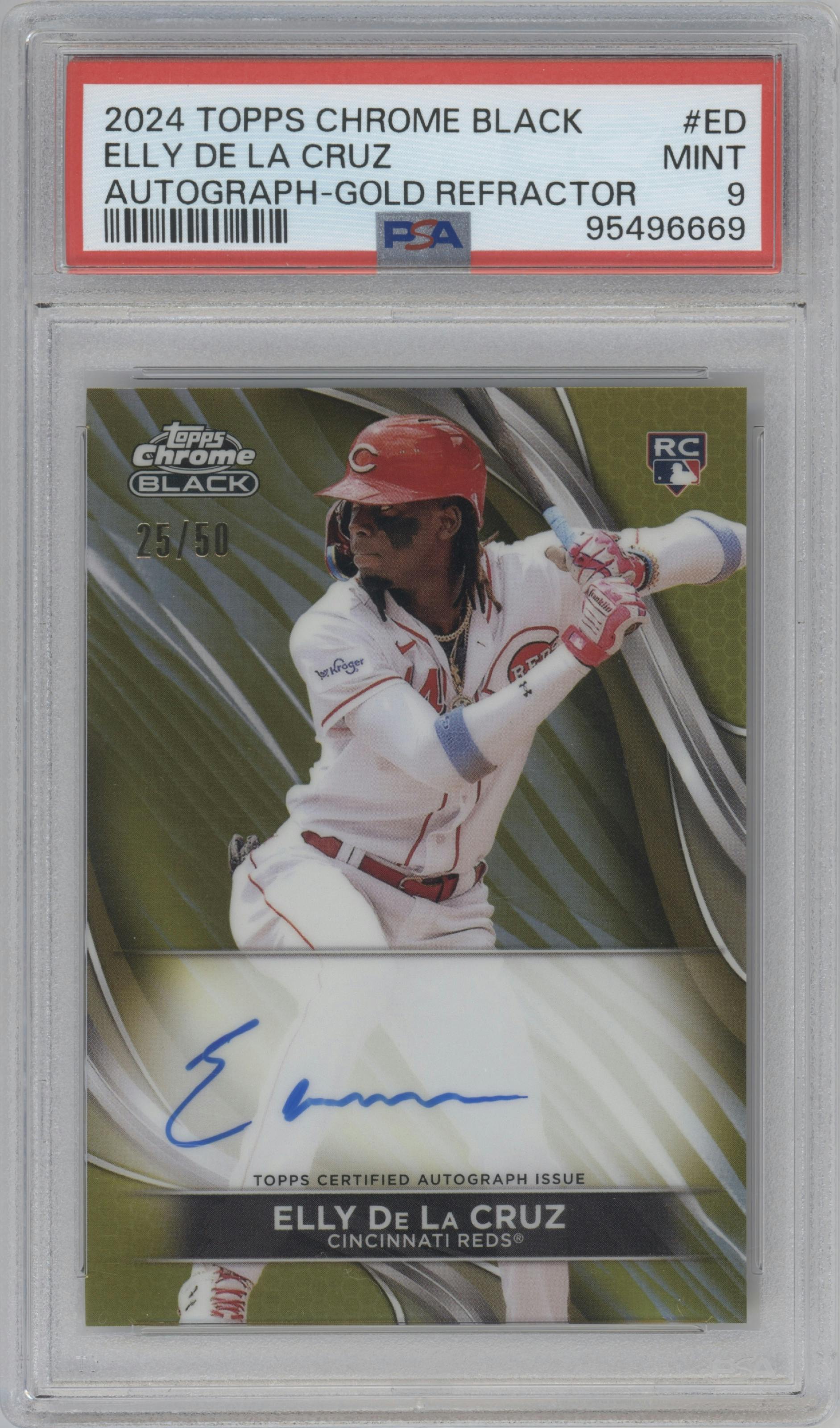 Elly De La Cruz from the  2024 Topps Chrome Black set featuring a Gold Refractor parallel graded by PSA and given an overall grade of 9.