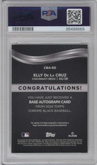 Elly De La Cruz from the  2024 Topps Chrome Black set featuring a Gold Refractor parallel graded by PSA and given an overall grade of 9.