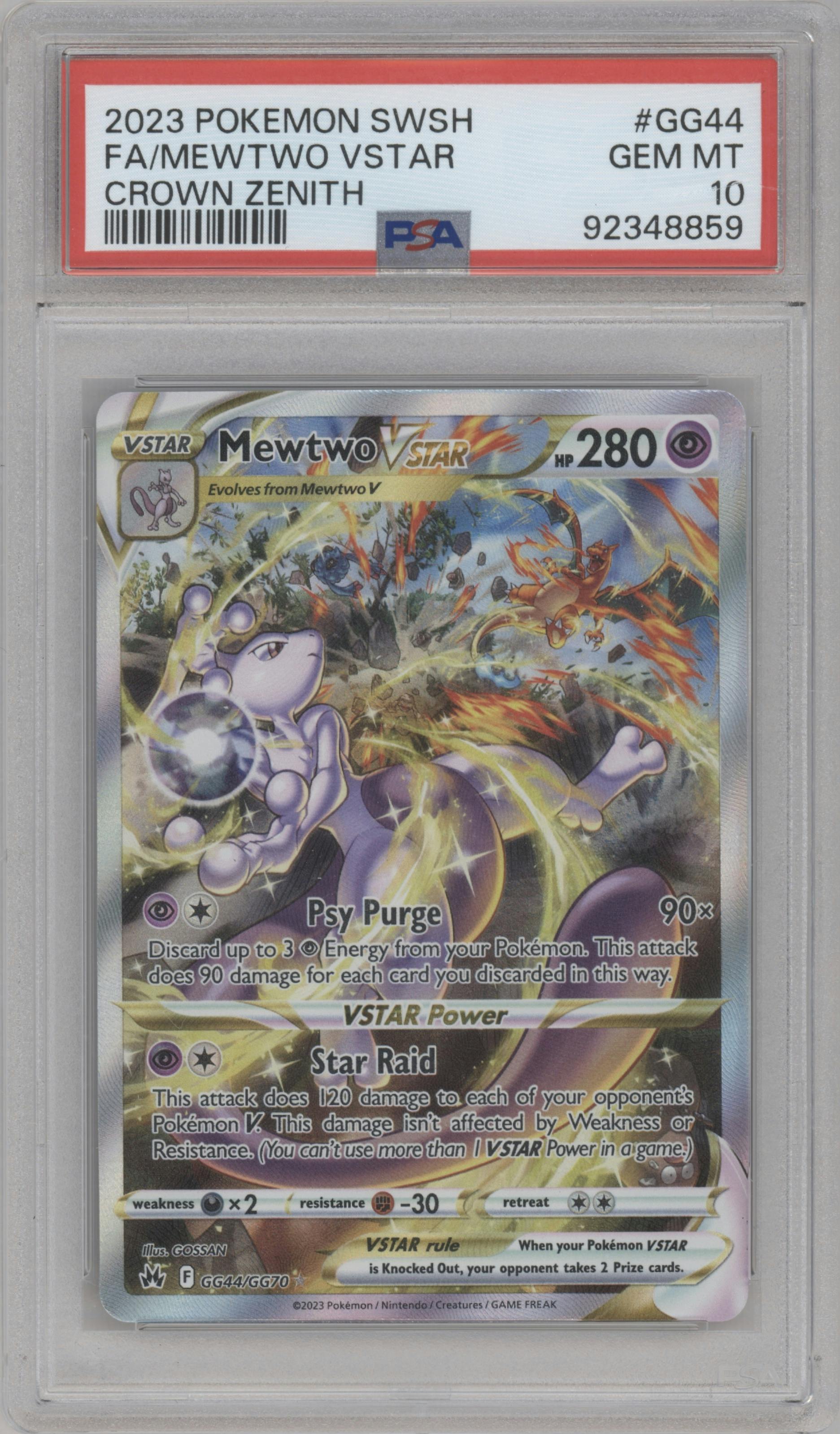Mewtwo VSTAR from the 2023 Pokemon SWSH set graded by PSA and given an overall grade of 10.