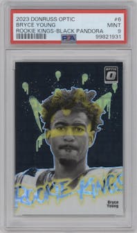 Bryce Young from the 2023 Donruss Optic set featuring a Black Pandora parallel graded by PSA and given an overall grade of 9.