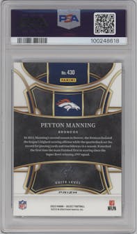 Peyton Manning from the 2023 Panini Select set featuring a Black Prizm parallel graded by PSA and given an overall grade of 10.