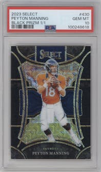 Peyton Manning from the 2023 Panini Select set featuring a Black Prizm parallel graded by PSA and given an overall grade of 10.