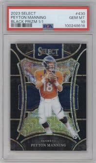 Peyton Manning from the 2023 Panini Select set featuring a Black Prizm parallel graded by PSA and given an overall grade of 10.