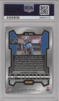 Jahmyr Gibbs from the 2023 Panini Prizm set featuring a Silver Prizm parallel graded by PSA and given an overall grade of 10.