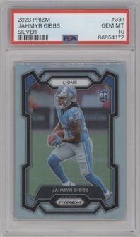 Jahmyr Gibbs from the 2023 Panini Prizm set featuring a Silver Prizm parallel graded by PSA and given an overall grade of 10.