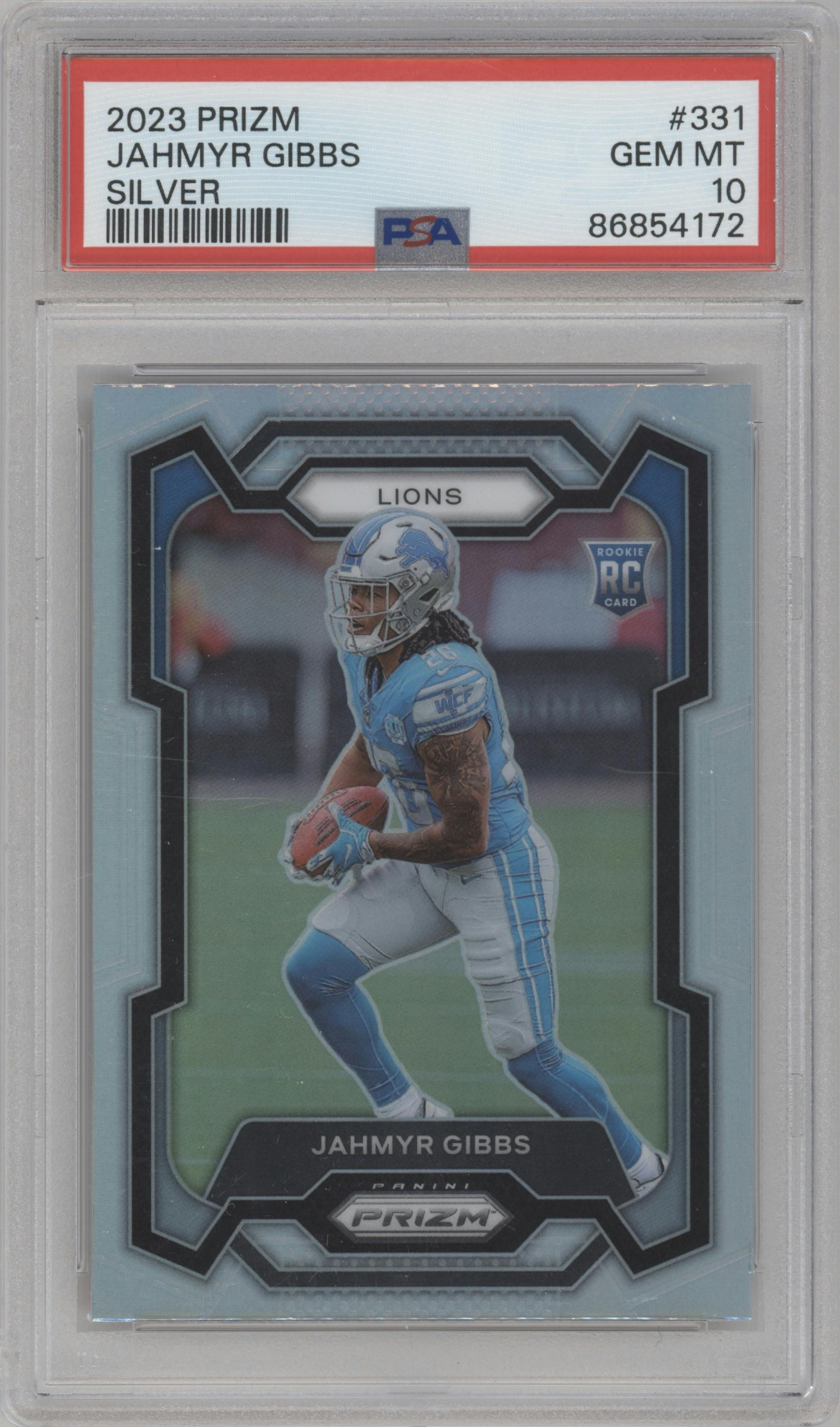 Jahmyr Gibbs from the 2023 Panini Prizm set featuring a Silver Prizm parallel graded by PSA and given an overall grade of 10.