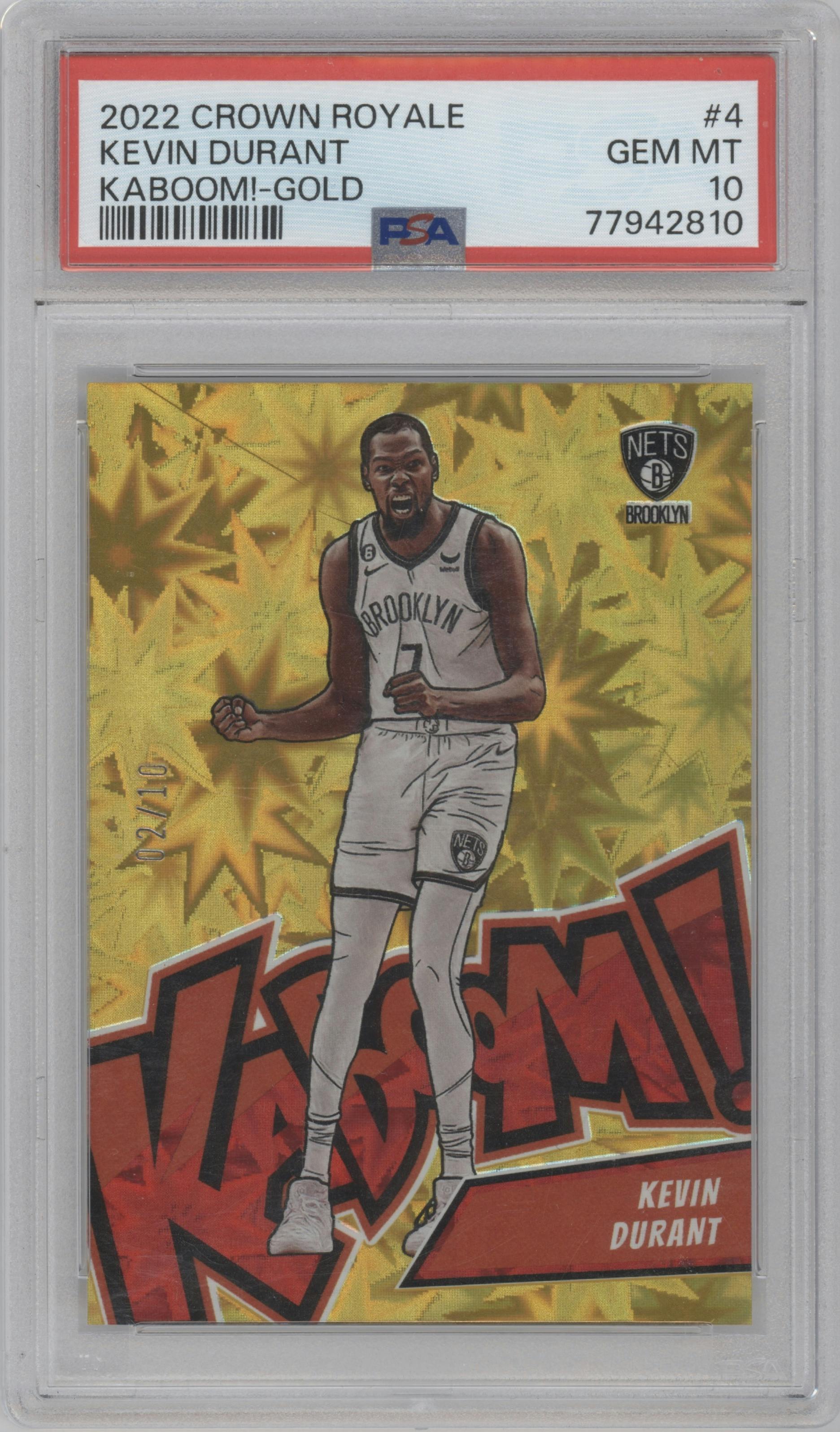 Kevin Durant from the 2022-23 Panini Crown Royale set featuring a Gold parallel graded by PSA and given an overall grade of 10.