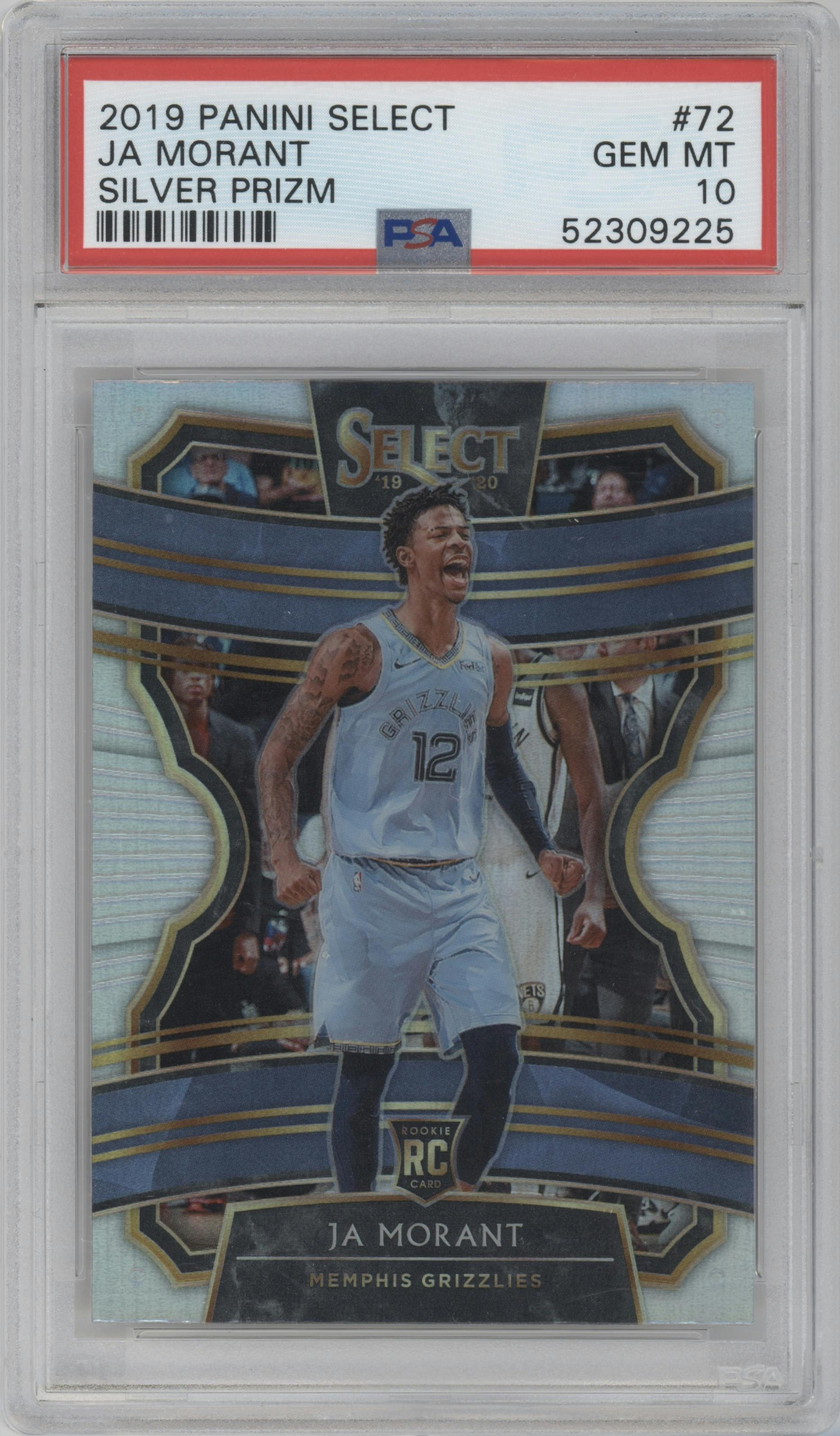 Ja Morant from the 2019-20 Panini Select set featuring a Silver Prizm parallel graded by PSA and given an overall grade of 10.