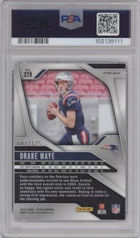 Drake Maye from the 2024 Panini Prizm set featuring a Purple Prizm parallel graded by PSA and given an overall grade of 9.