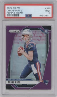 Drake Maye from the 2024 Panini Prizm set featuring a Purple Prizm parallel graded by PSA and given an overall grade of 9.