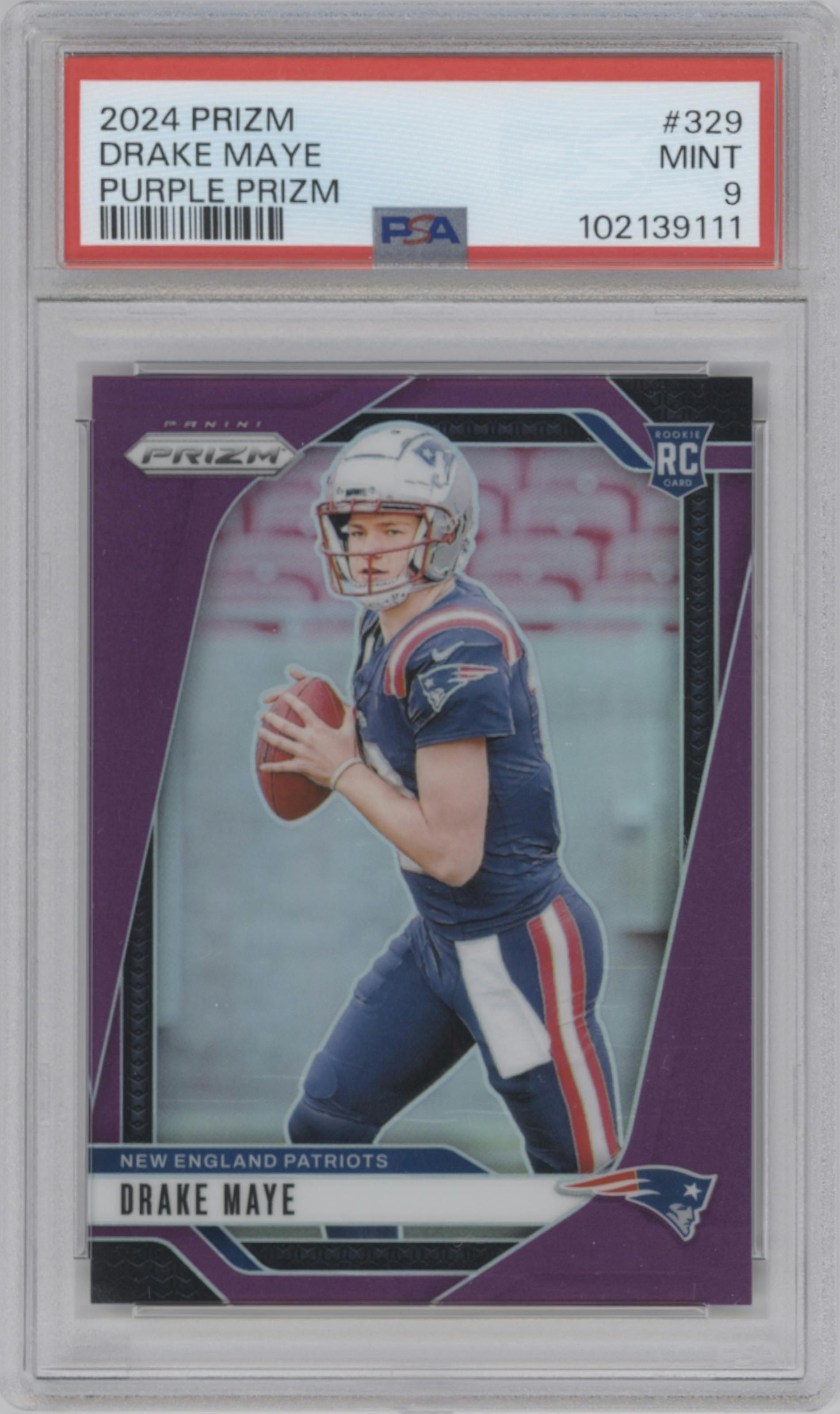 Drake Maye from the 2024 Panini Prizm set featuring a Purple Prizm parallel graded by PSA and given an overall grade of 9.