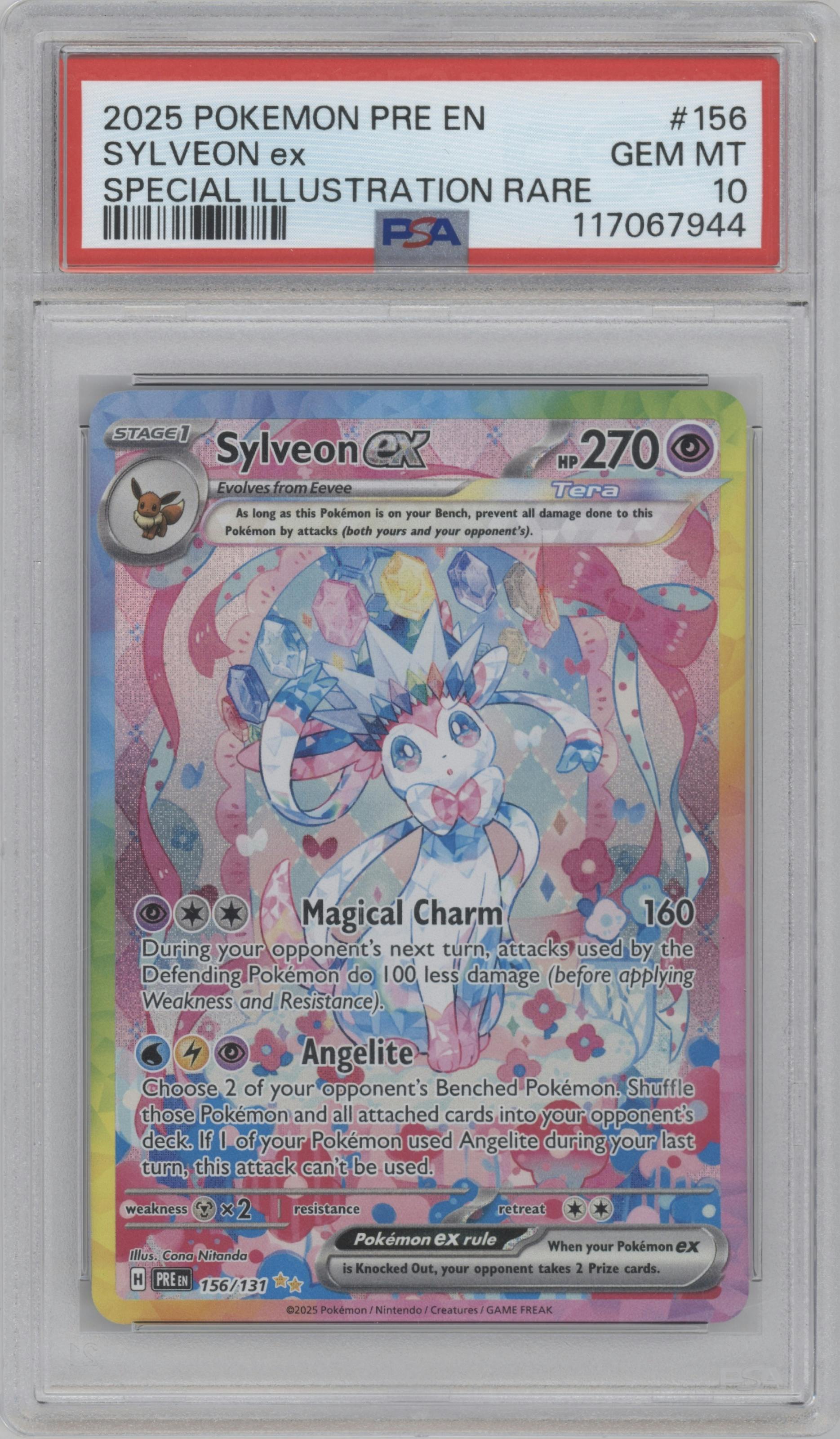 Sylveon EX from the 2025 Pokemon SV set graded by PSA and given an overall grade of 10.