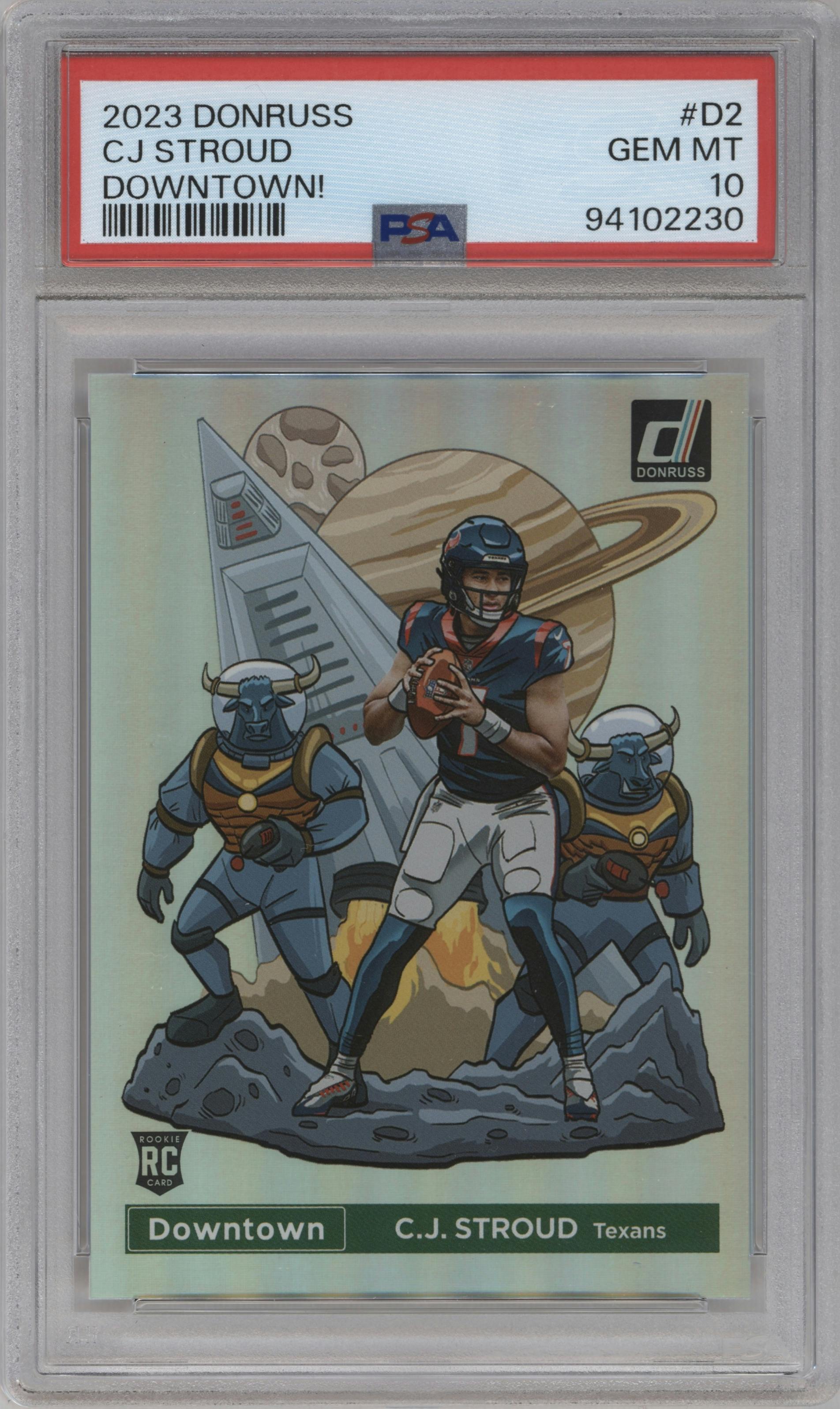 C.J. Stroud from the 2023 Panini Donruss set graded by PSA and given an overall grade of 10.