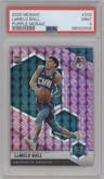 LaMelo Ball from the 2020-21 Panini Mosaic set featuring a Purple Mosaic  parallel graded by PSA and given an overall grade of 9.