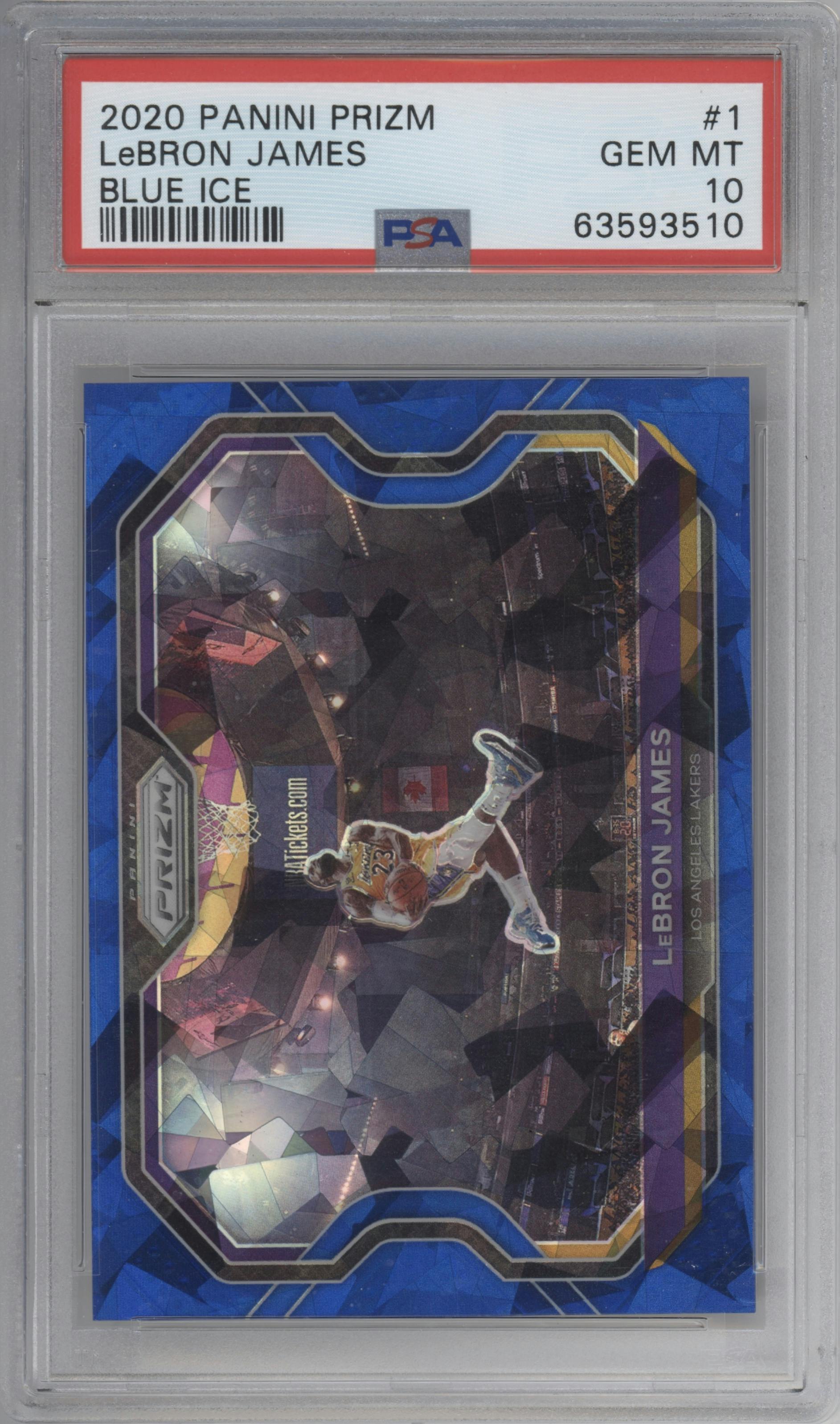 LeBron James from the 2020-21 Panini Prizm set featuring a Blue Ice parallel graded by PSA and given an overall grade of 10.